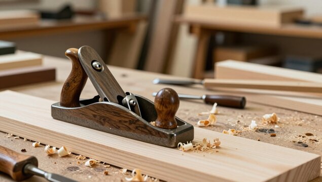 Traditional Wooden Hand Plane on Carpenter Workbench with Shavings