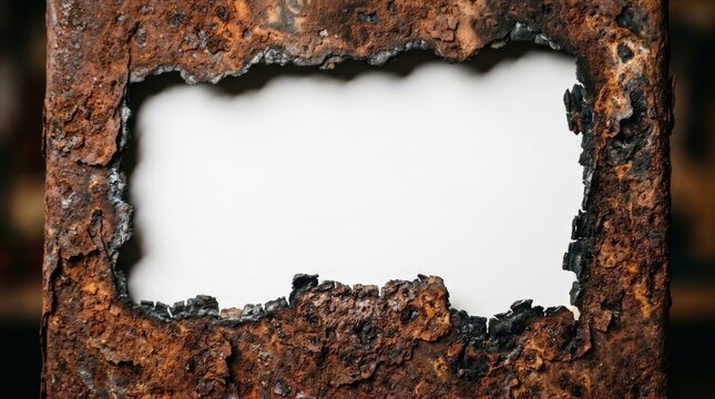 A close up view showcasing a weathered rust texture metal surface featuring a large central opening revealing a plain white background with brown and black corrosion details