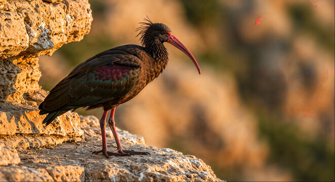Northern bald ibis perched on rocky ledge in warm light