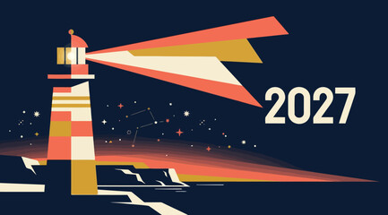 Obraz premium Lighthouse illuminating 2027 new year concept with geometric abstract light beams and starry night sky
