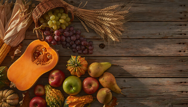 Overhead View of Autumn Harvest Produce Flatlay on Weathered Barn Wood Surface