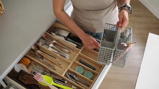 Woman Laying Out Spoons And Forks From Dishwasher Container Into Drawer