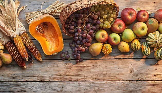 Overhead View of Autumn Harvest Produce Flatlay on Weathered Barn Wood Surface