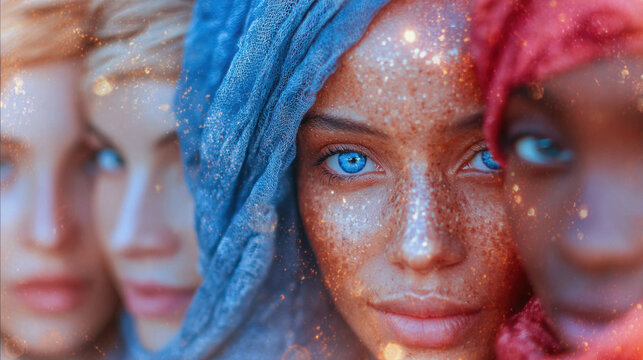 Four women with distinct backgrounds display their beauty and cultural richness. Their radiant eyes and diverse skin tones are enhanced by colorful fabrics draping their heads, celebrating unity