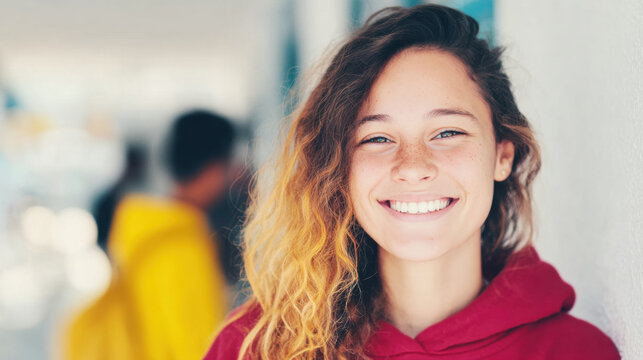 A cheerful student stands in a bustling high school hallway. Brightly lit and lively, other students can be seen in the background engaging with each other and enjoying their time