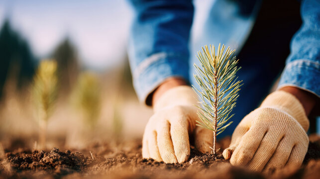 A person kneels on the ground, carefully planting a young sapling in rich soil. Surrounding the individual are more young trees in a bright and open area, showcasing a commitment to nature