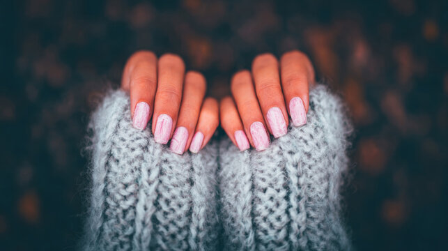 Elegant hands with manicured nails wrapped in cozy sweater during autumn