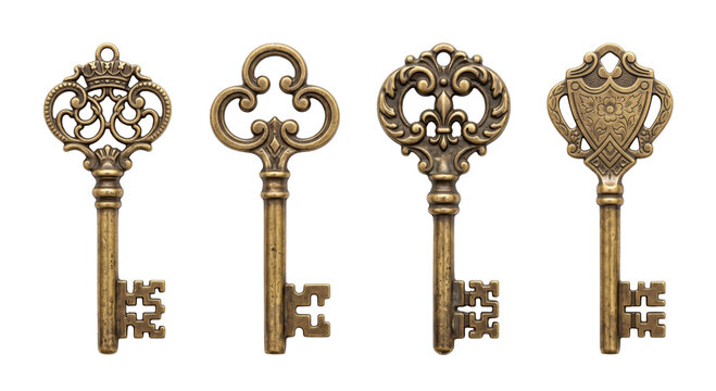 Collection of four ornate antique brass keys with intricate designs and detailed bittings