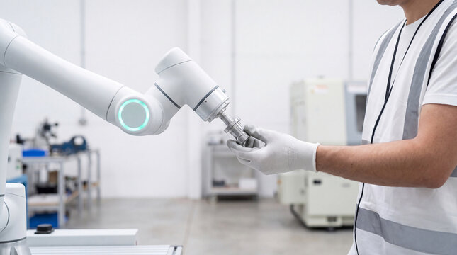 Technician collaborating with cobot arm in modern factory