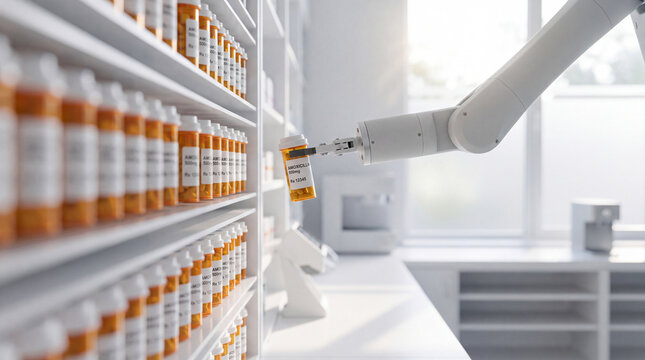 Pharmacy robot selecting prescription medicine bottle