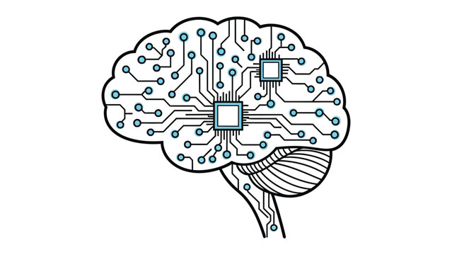 AI Brain Circuitry: A stylized representation of a human brain, intricately designed with electronic circuit board pathways and microchips, symbolizing artificial intelligence and advanced technology.
