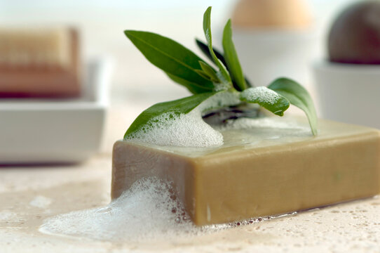 Bar of soap with herbal leaf