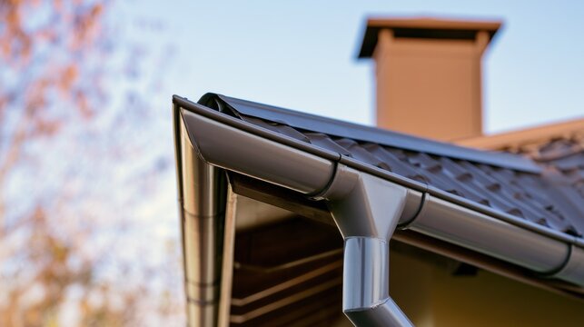 Roof edge and rain gutter section on a house during a clear day in a suburban area