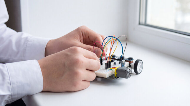 Hands wiring small robot car on electronics breadboard