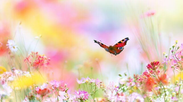 Butterfly flying over colorful flowers in a bright garden during springtime