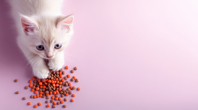 Cute white kitten playing with dry cat food on a pink surface