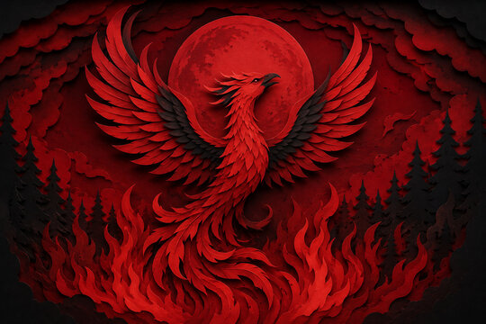 Fiery red phoenix spreading its wings against a dark moonlit fantasy landscape