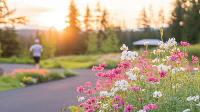 Morning jog through a vibrant flower garden with sunrise backdrop