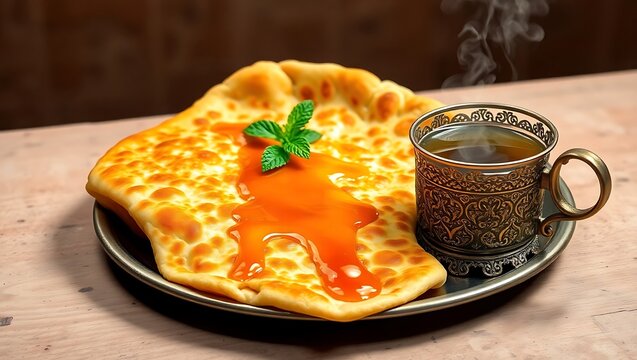 Moroccan msemen flatbread with honey and mint tea served in brassware