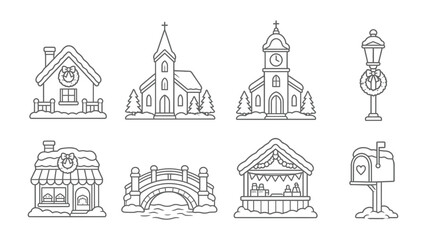 Naklejka premium Winter Village Icons: A charming collection of illustrated winter village icons, including houses, churches, a bridge, market stall, lamppost, and mailbox, all dusted with snow.