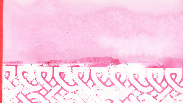 Pink watercolor painting features a white geometric pattern border