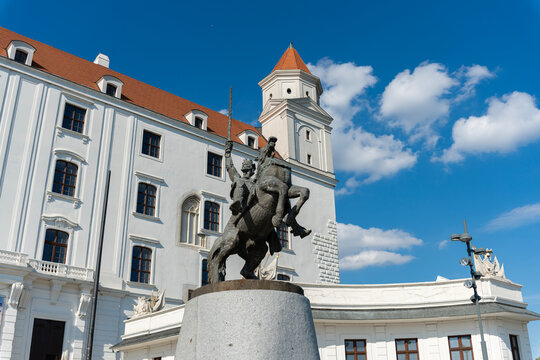 Equestrian statue of King Svyatopolk I at Bratislava Castle in capital of Slovakia, Bratislava. Historical architecture monument. Monument of King Svyatopolk I located in Bratislava