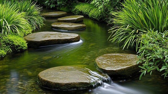 Stepping stones across a tranquil stream in a lush garden.