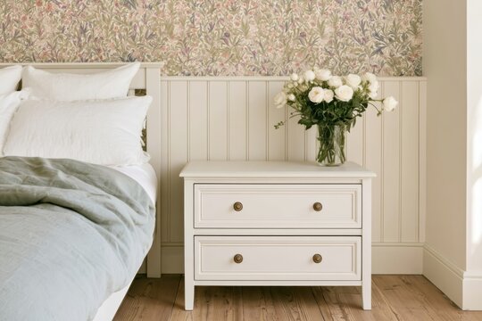 A white bed with layered pillows and ruffled bedding sits against delicate floral wallpaper, with a bedside table, greenery and warm wooden flooring visible in soft natural light