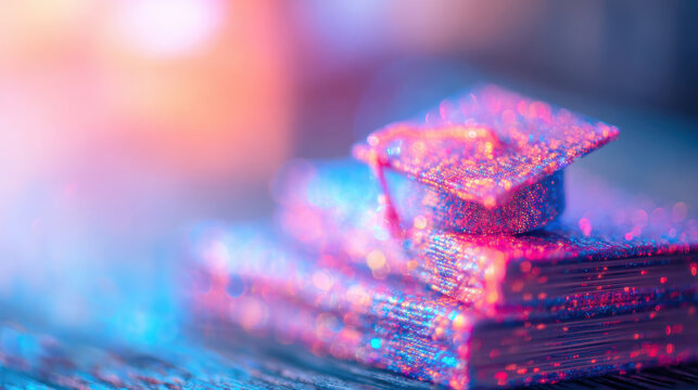 Graduation cap and books on a table at night with colorful lights