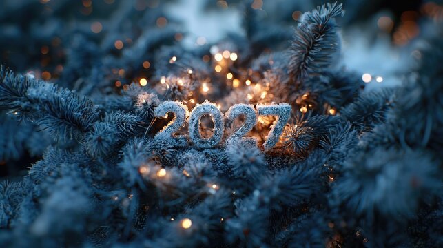 Frosted tree branches with glowing lights and the year 2027 displayed on them