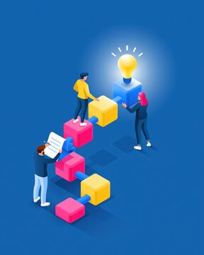 Professionals building path with interlocking geometric modules to reach illuminated lightbulb, representing project management teamwork and strategic planning