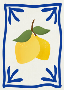 Two fresh yellow lemons with green leaves feature a blue tile border