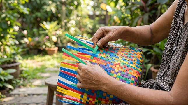 Elderly woman weaving a colorful plastic basket in a garden setting