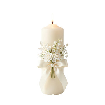 Wedding candle decorated with white roses, lilies, and satin ribbon, burning with a flame on isolated transparent background