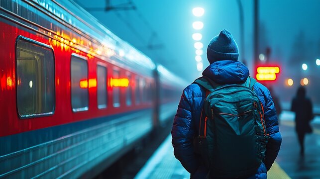 Man with backpack waiting at night train station platform.