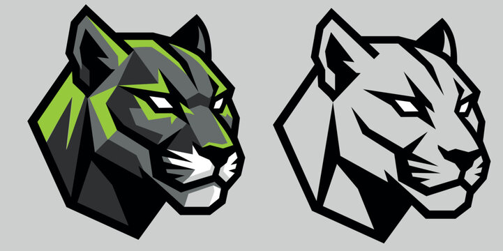 Panther head mascot logo vector set. Geometric wildcat head emblem in full color lime green and black and white line art version for sports and esports team badge.
