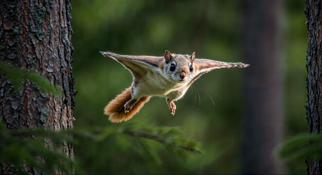 Siberian flying squirrel gliding between pine trees in forest