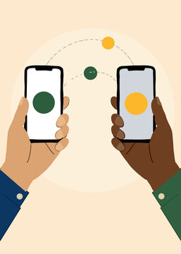 Hands hold smartphones for wireless data transfer and file sharing