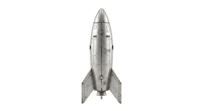 Vintage silver rocket toy with fins and rivets, isolated on white background
