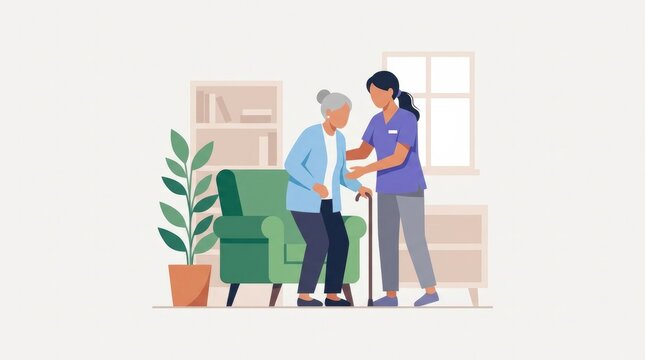 Caregiver assistance helping an elderly person with daily activities while promoting dignity, independence, and quality of life. Flat vector illustrat