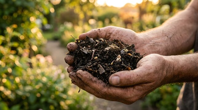 Farmer holding rich fertile soil in hands at organic garden sunset