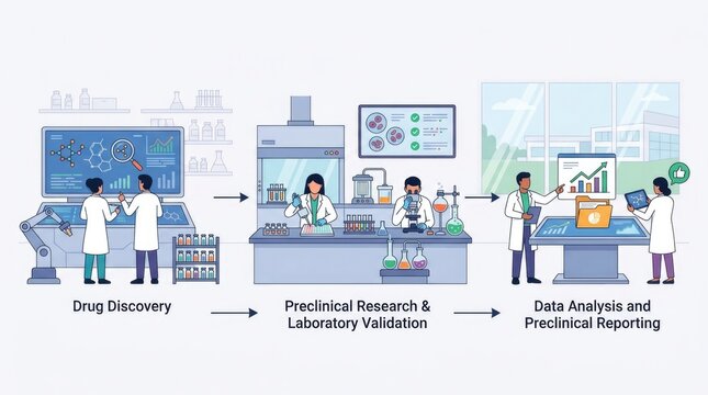 Drug development process illustrating scientists testing pharmaceutical compounds from discovery to laboratory validation. Flat vector illustration, m