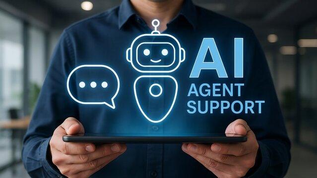 Man holding tablet displaying AI agent support concept with chat bubble during office meeting
