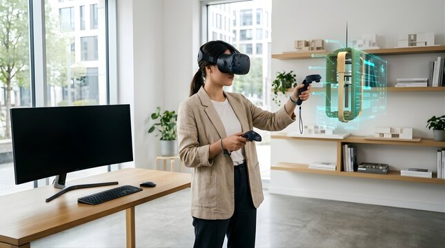 Female architect using virtual reality headset to design 3D models in office