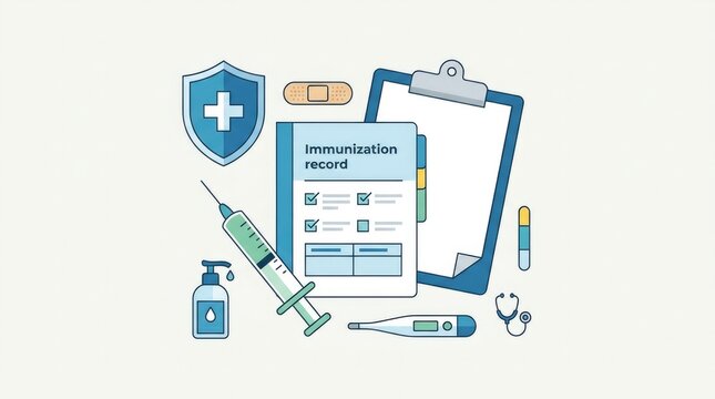 Immunization record with vaccine syringe, medical clipboard, shield symbol, and healthcare essentials arranged in a clean composition. Flat vector ill