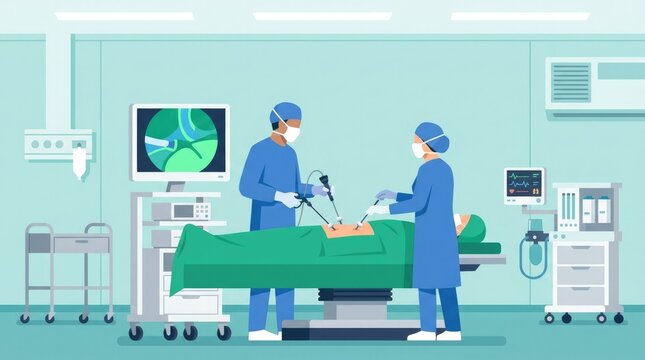 Minimally invasive surgery using laparoscopic instruments, video monitor, and precision surgical techniques in a modern hospital. Flat vector illustra