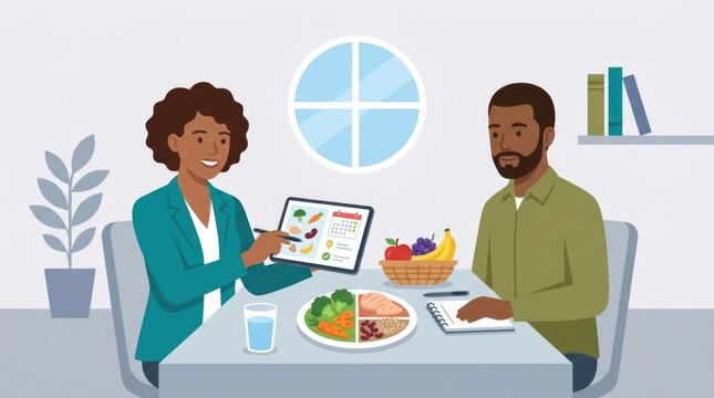 Nutrition consultation with dietitian creating a personalized healthy eating plan based on lifestyle, wellness goals, and balanced nutrition. Flat vec