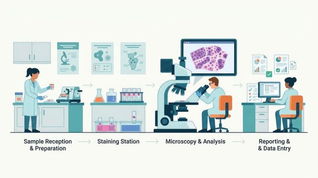 Pathology laboratory with microscope, tissue samples, laboratory reports, and medical diagnostics workflow. Flat vector illustration, modern editable