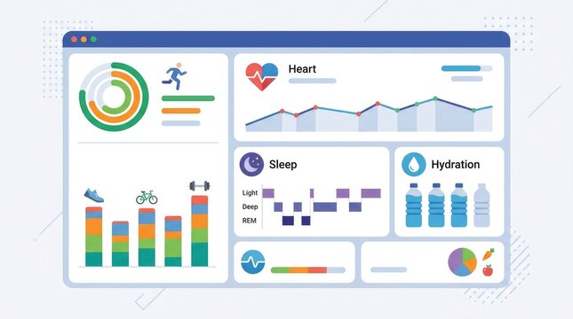 Personal health dashboard visualizing wearable health data, fitness trends, heart metrics, and wellness insights. Flat vector illustration, modern edi