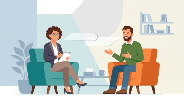 Therapy session featuring supportive conversation, emotional wellness, and professional psychological counseling. Flat vector illustration, modern edi